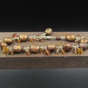 8" Sterling Silver Brown Real Pearl & Crystal Bracelet Vintage